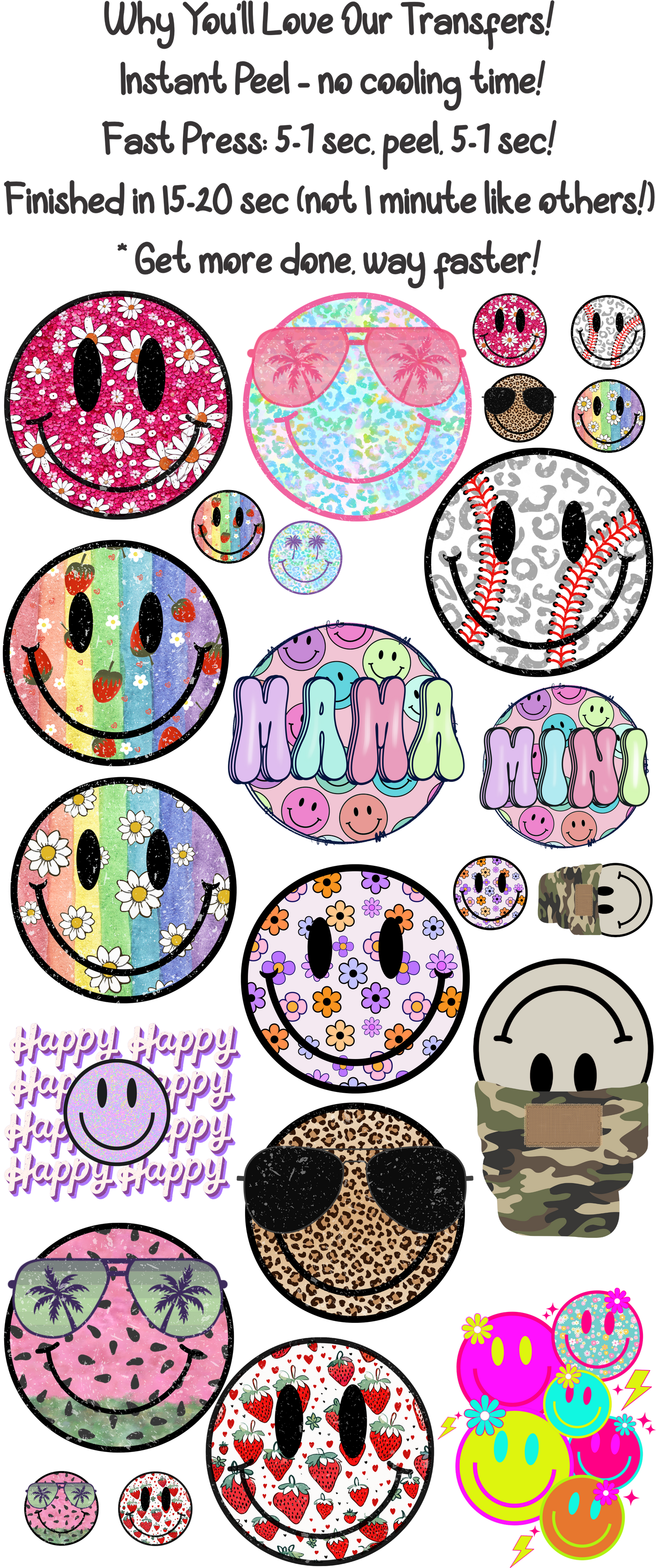 Smiley 1 - 30"x60" Gang Sheet – Instant Peel, Fast Press! (Smiley 1)