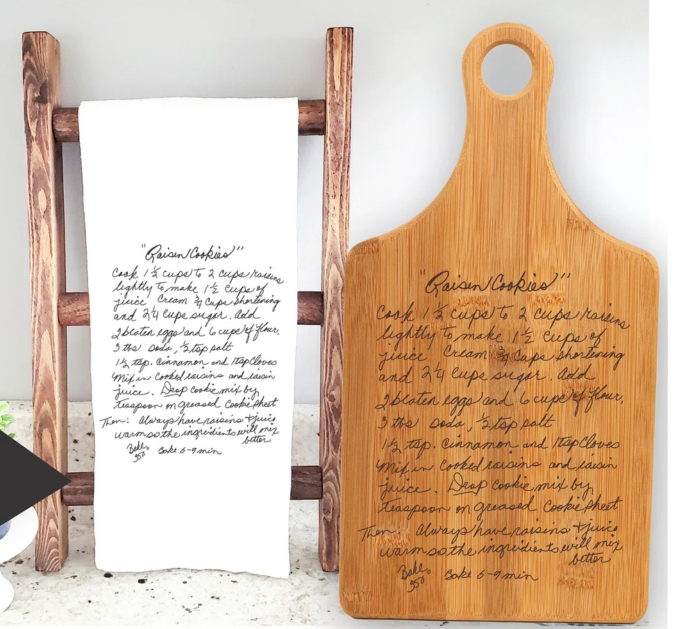 Custom handwriting laser engraved on a cutting board.